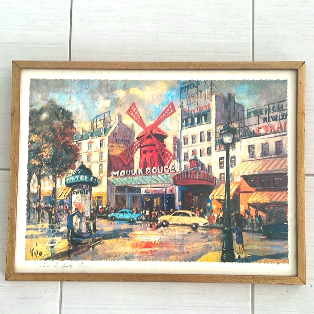 Vintage Paris LE MOULIN ROUGE Art Print - Signed YVO - Gold Wooden Frame